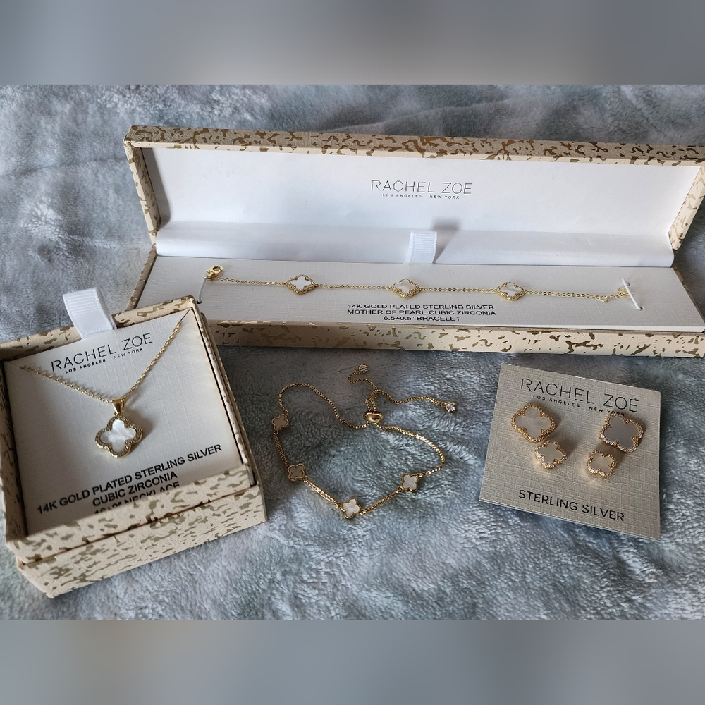 14k Gold on Sterling Silver Mother of Pearl Quatrefoil Clover Jewelry Set NEW!